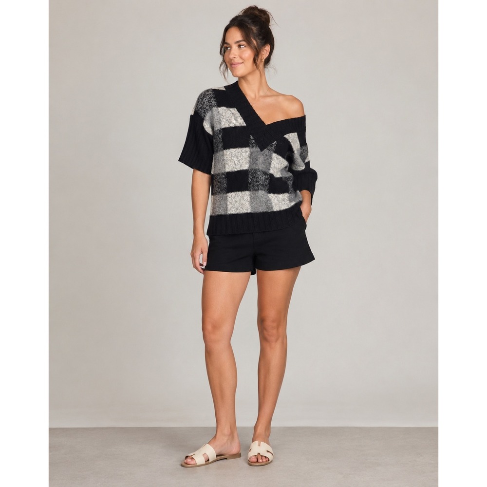 Banana Republic Lambswool Cashmere Checkered V-Neck Sweater Black Grey M